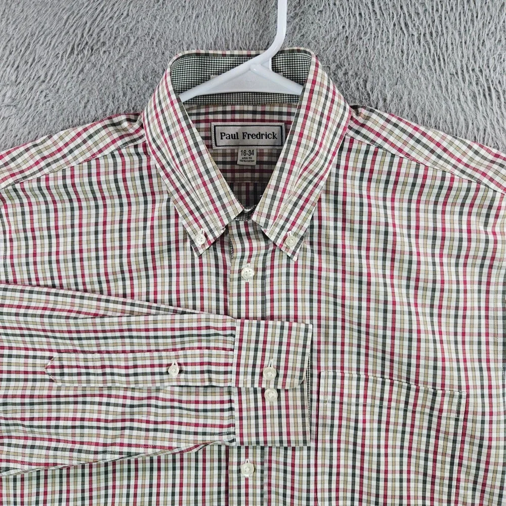 Paul Fredrick Mens 16-34 Slim Fit Non-Iron Cotton Check Dress Shirt Red Tan RB